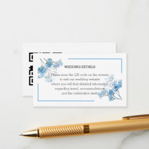 Cartão De Informações Elegante Código QR Floral de Aquarela Azul Casamen