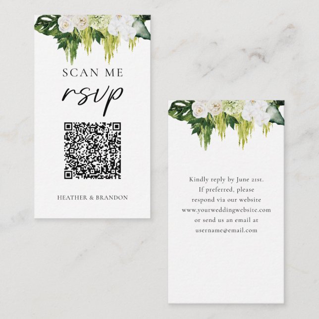 Cartão De Informações Elegante Código QR Folhagem Casamento RSVP (Frente/Verso)