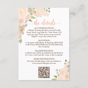 Cartão De Informações Elegante Coral Peach Floral Wedes Detalhes QR