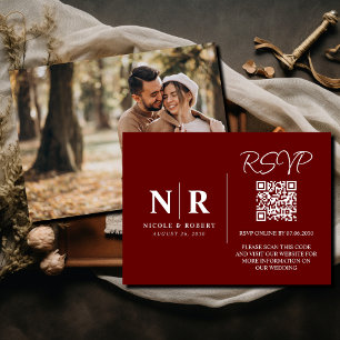 Cartão De Informações Elegante de Código QR do Monograma RSVP de Casamen