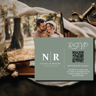Cartão De Informações Elegante de Código QR do Monograma RSVP de Casamen