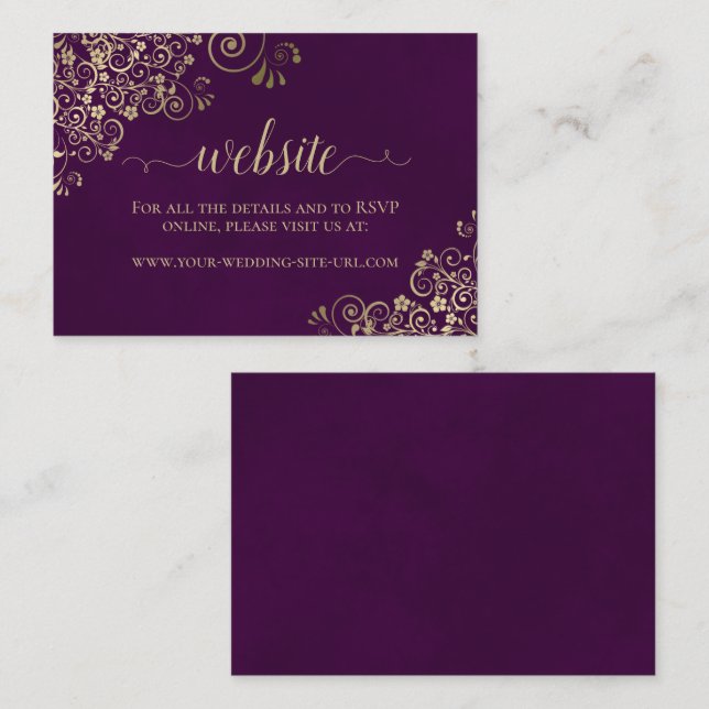Cartão De Informações Elegante Dourado Lace no site Plum Purple Wedding (Frente/Verso)