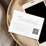 Cartão De Informações Elegante Dusty Blue Script Heart Details QR Code<br><div class="desc">Caligrafia empoeirada de guião azul empoeirada ligando o cartão de isolamento cardíaco com código QR para o seu casamento.</div>