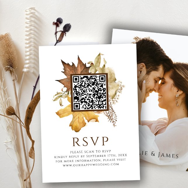 Cartão De Informações Elegante Dusty Brown Casamento outono QR Code RSVP (Criador carregado)