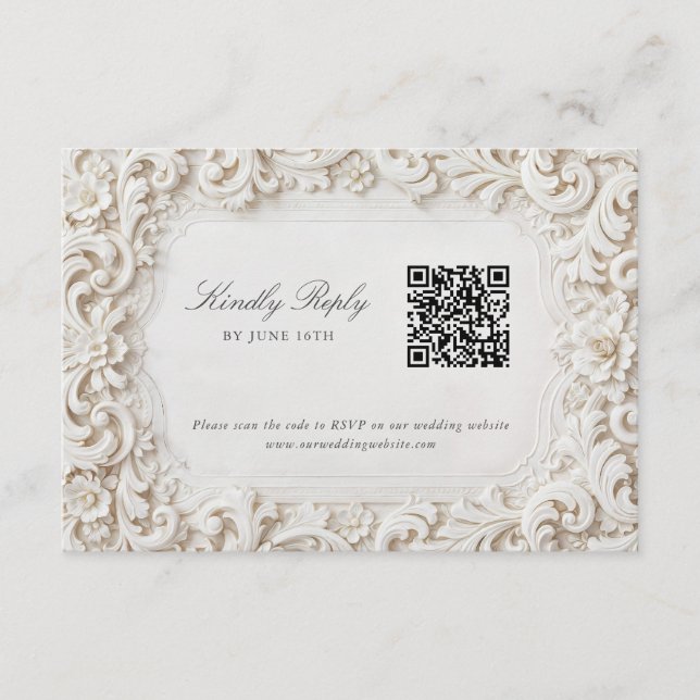 Cartão De Informações Elegante e sofisticado RSVP Barroco Branco com QR  (Frente)