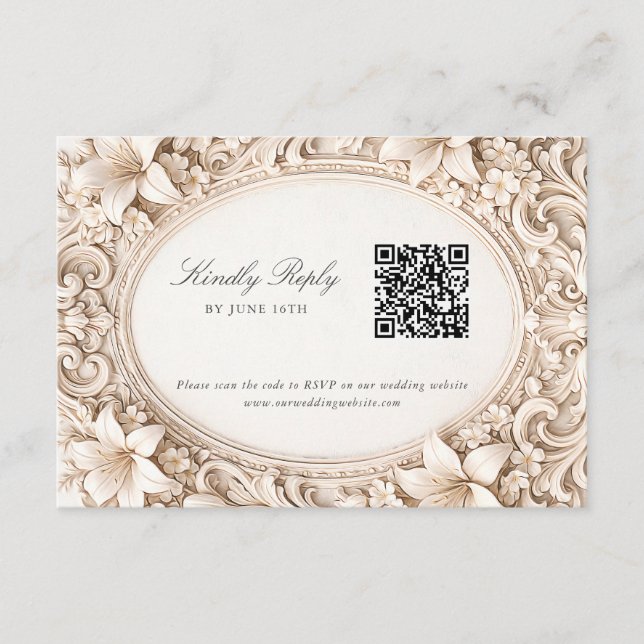 Cartão De Informações Elegante e sofisticado RSVP floral barroco com cód (Frente)