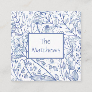 Cartão De Informações Elegante Floral Azul e Branco