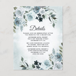 Cartão De Informações Elegante Floral Azul Poeirento Aquarela Casamento 