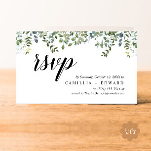 Cartão De Informações Elegante Greenery, Black Script, resposta RSVP