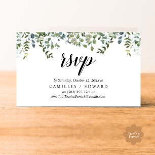 Cartão De Informações Elegante Greenery, Black Script, resposta RSVP
