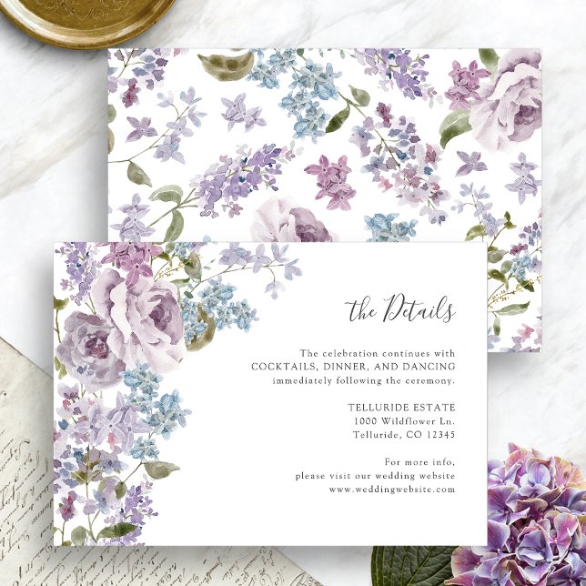 Cartão De Informações Elegante Lilac Wedding (Elegant Lilac Floral Wedding Details Enclosure Card by Painted Paperie
)