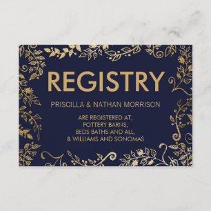 Cartão De Informações Elegante Marinho Azul Dourado Registro Floral de P