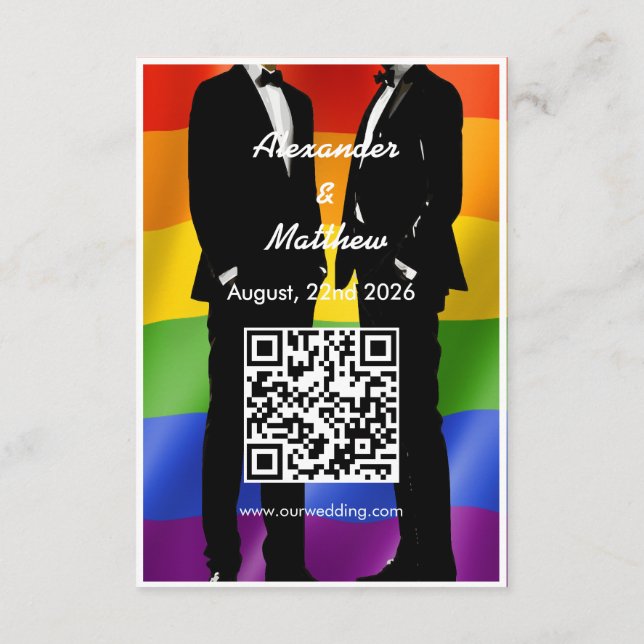 Cartão De Informações Elegante Modern Gay Men Casando Rainbow Código QR (Verso)