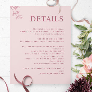 Cartão De Informações Elegante Moderno, Detalhes de Casamento Cor-de-Ros
