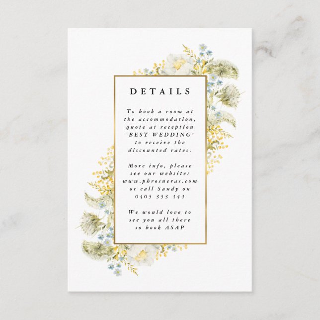 Cartão De Informações Elegante Moldura Dourada de Flores Silvestres para (Frente)