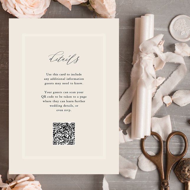 Cartão De Informações Elegante Neutral Modern Casamentos Detalhes QR Cód (A simple, neutral wedding details card with QR code so your guests can visit your website or rsvp)