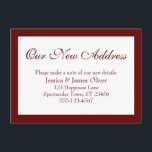 Cartão De Informações Elegante Nosso Novo Endereço Bord Burgundy, Branco<br><div class="desc">Mantenha seus amigos e familiares atualizados com seu novo endereço usando esses cartões de gabinete simples e elegantes. Uma nota simples diz "Nosso Novo Endereço" no topo, usando uma fonte bonito e tradicional de script. Use os campos modelo para adicionar todos os seus detalhes para personalizar este design para seu...</div>