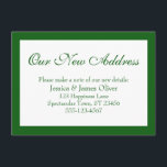 Cartão De Informações Elegante Nosso Novo Endereço Borned Green on White<br><div class="desc">Mantenha seus amigos e familiares atualizados com seu novo endereço usando esses cartões de gabinete simples e elegantes. Uma nota simples diz "Nosso Novo Endereço" no topo, usando uma fonte bonito e tradicional de script. Use os campos modelo para adicionar todos os seus detalhes para personalizar este design para seu...</div>