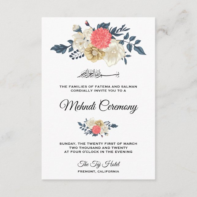 Cartão De Informações Elegante Peach Floral Islâmica Mehndi (Frente)