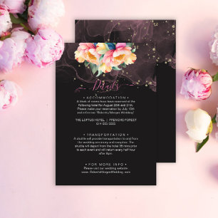 Cartão De Informações Elegante Peony Watercolor em preto VP de Casamen