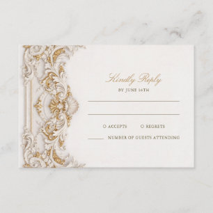 Cartão De Informações Elegante Quadro Barroco Dourado e Branco RSVP