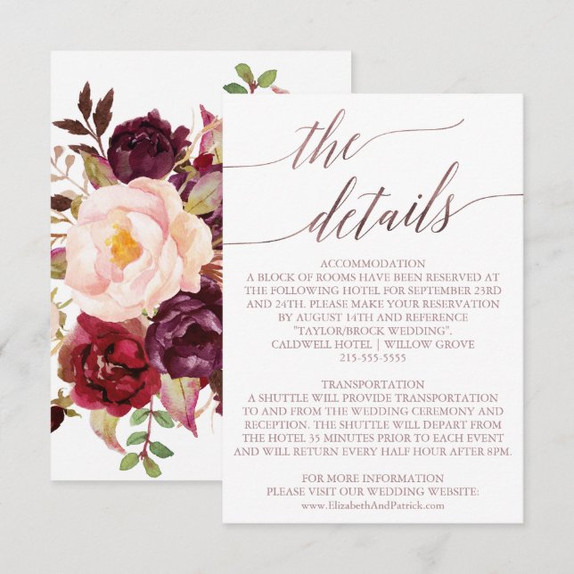 Cartão De Informações Elegante Rosa Dourado | Floral Detalhes Inserir Ca (Frente/Verso)