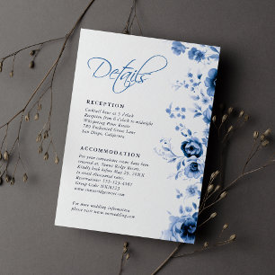 Cartão De Informações Elegante Roteiro Floral Toile Azul Francês Casamen