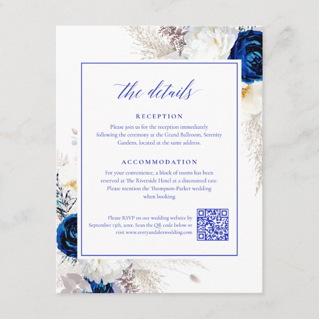 Cartão De Informações Elegante Royal Blue Flowers Detalhes RSVP Código Q (Frente)