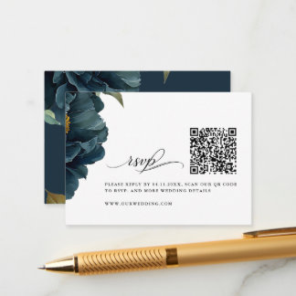 Cartão De Informações Elegante RSVP de Casamento Azul Naval com Código Q
