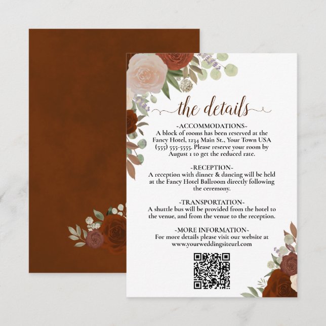 Cartão De Informações Elegante Rust Orange Rosas Casamento Detalhes QR (Frente/Verso)