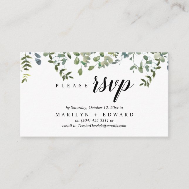 Cartão De Informações Elegante Rusticidade Verde, Lembrete de RSVP (Frente)