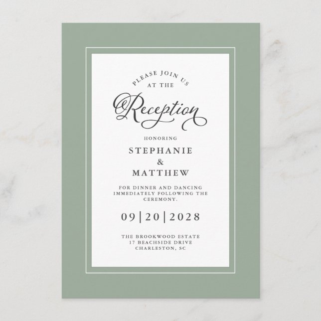 Cartão De Informações Elegante Sage Green Recepção de casamento Chic Bor (Frente)