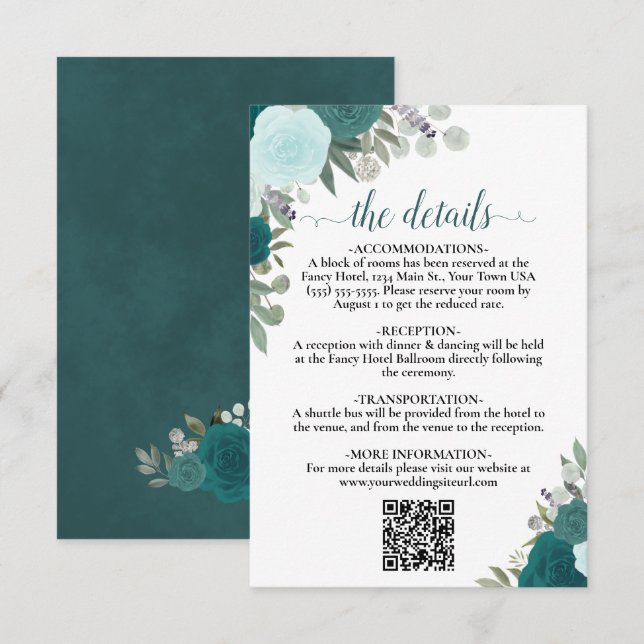 Cartão De Informações Elegante Teal & Aqua Rosas de Casamento Detalhes Q (Frente/Verso)