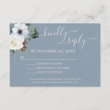 Elegante White Floral Dusty Blue RSVP