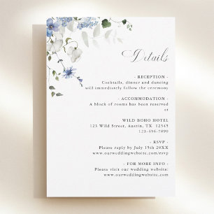 Cartão De Informações Elegantes Detalhes de Casamento Floral Azul Branco