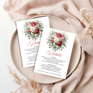 Cartão De Informações Elegantes Detalhes de Casamento Floral Rosa Borgon