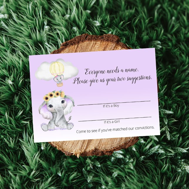 Cartão De Informações Elephant Hot Air Balloon Baby Name Game Purple (Criador carregado)