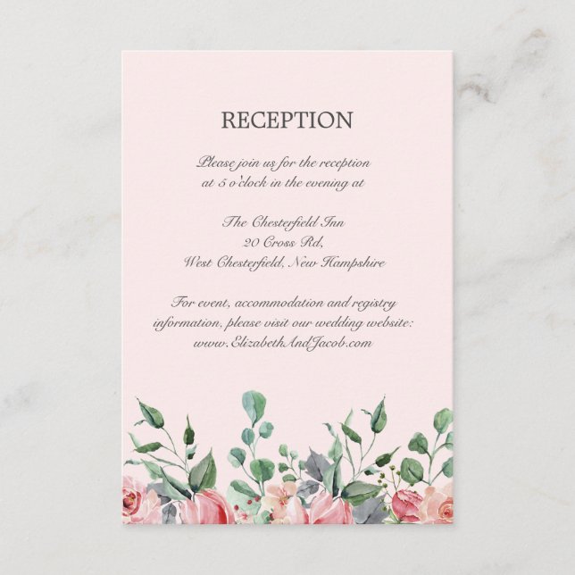 Cartão De Informações Elizabeth Pink Floral Recepção de casamento (Frente)