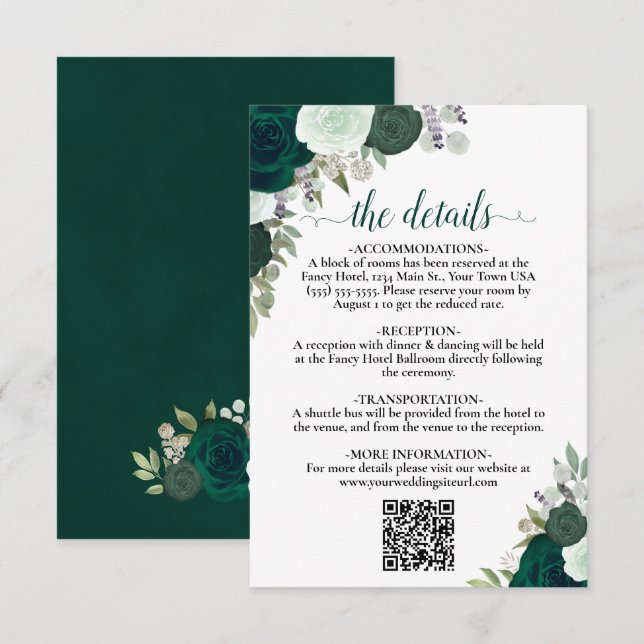 Cartão De Informações Emerald Green Boho Detalhes do Casamento Rosas Cód (Frente/Verso)