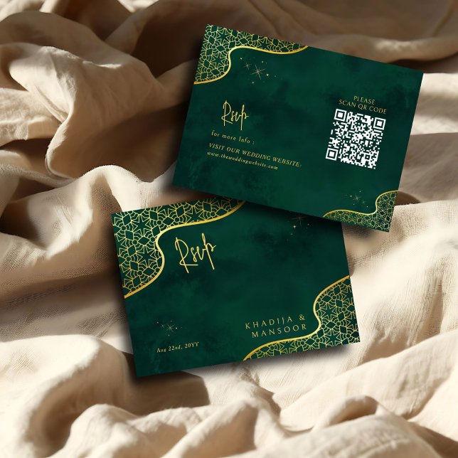 Cartão De Informações Emerald Green Dourado Glitter Código QR Casamento  (Criador carregado)