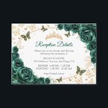 Cartão De Informações Emerald Green Gold Quinceanera Reception Details<br><div class="desc">Emerald green gold Quinceanera reception details enclosure cards. Features,  script font,  gold butterflies,  watercolor roses and tiara. Perfect for an elegant princess style glam celebration. Personalize with your own details.</div>