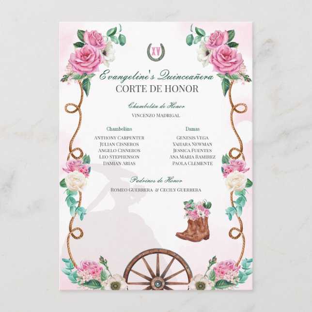 Cartão De Informações Emerald Green & Pink Floral Charro Quinceanera (Frente)