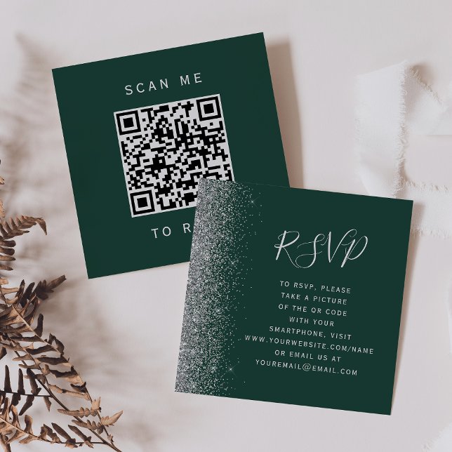 Cartão De Informações Emerald Green Silver Glitter Wedter Código QR RSVP (Criador carregado)