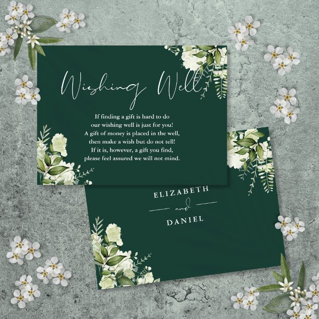 Cartão De Informações Emerald Greenery Floral Wishing Bem Casado (Emerald Greenery Floral Wishing Well Wedding Enclosure Card)