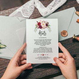 Cartão De Informações Encantos Borgonha Floral Casamento Detalhes Caligr