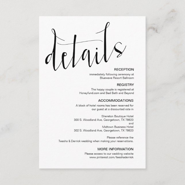 Cartão De Informações Escrita Negra Moderna, Detalhes Editáveis De Casam (Frente)