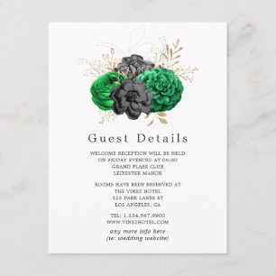 Cartão De Informações Esmeralda Escura e Dourada Casamento Floral Detalh
