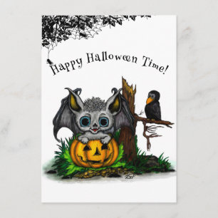 Cartão De Informações Esperando o Halloween, Cute Bat e Raven