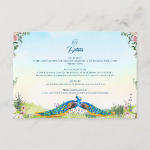 Cartão De Informações Estilo de Casamento Botânico Pavão Azul Elegante