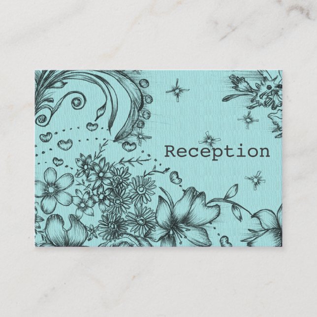 Cartão De Informações Estilo de vinheta, recepção floral a preto e azul (Frente)